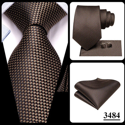 Hi-Tie Paisley Brown Tie For Men Elegant Mens Necktie Pocket Square Cufflink Groom Wedding Accessory Wholesale New Designer