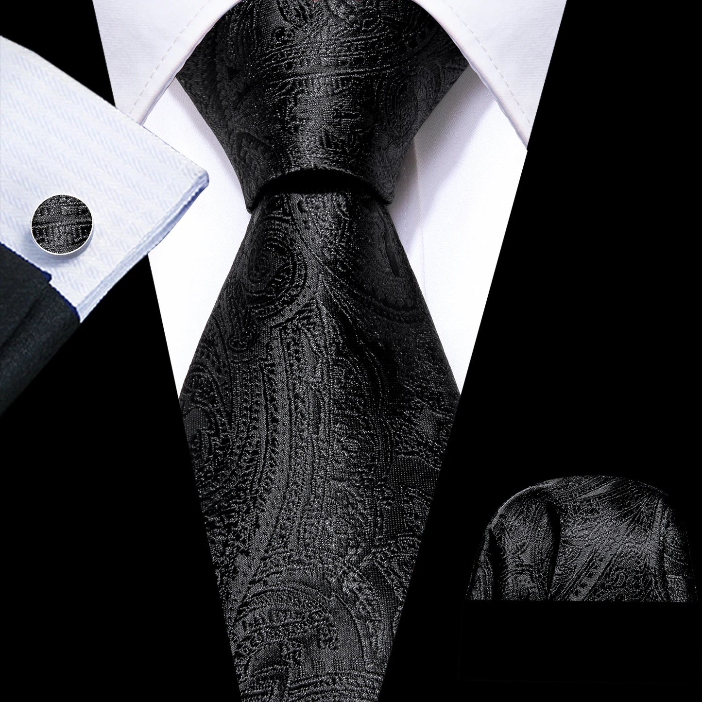 Barry.Wang Black White Gray Silver Silk Men Tie Handkerchief Cufflinks Set Jacquard Necktie for Male Wedding Business Party Gift