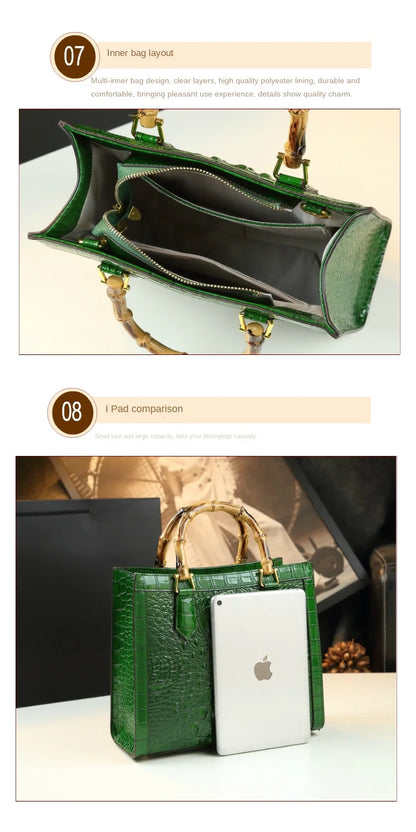 Crocodile Pattern Leather Women's Handbags Bamboo Handle Portable Tote Bag Mom Tide Shoulder Messenger Bags 2025 New Fashion