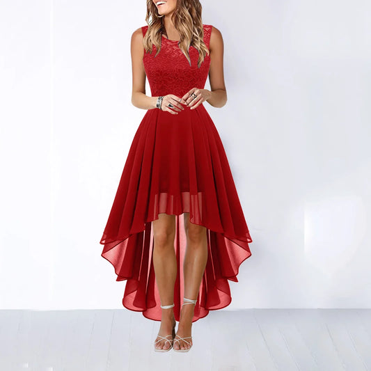 Europe America 2025 Spring Summer Dress for Women Clothing New Hollow Solid Chiffon Dress Dinner Lace Dresses Women A-line Skirt