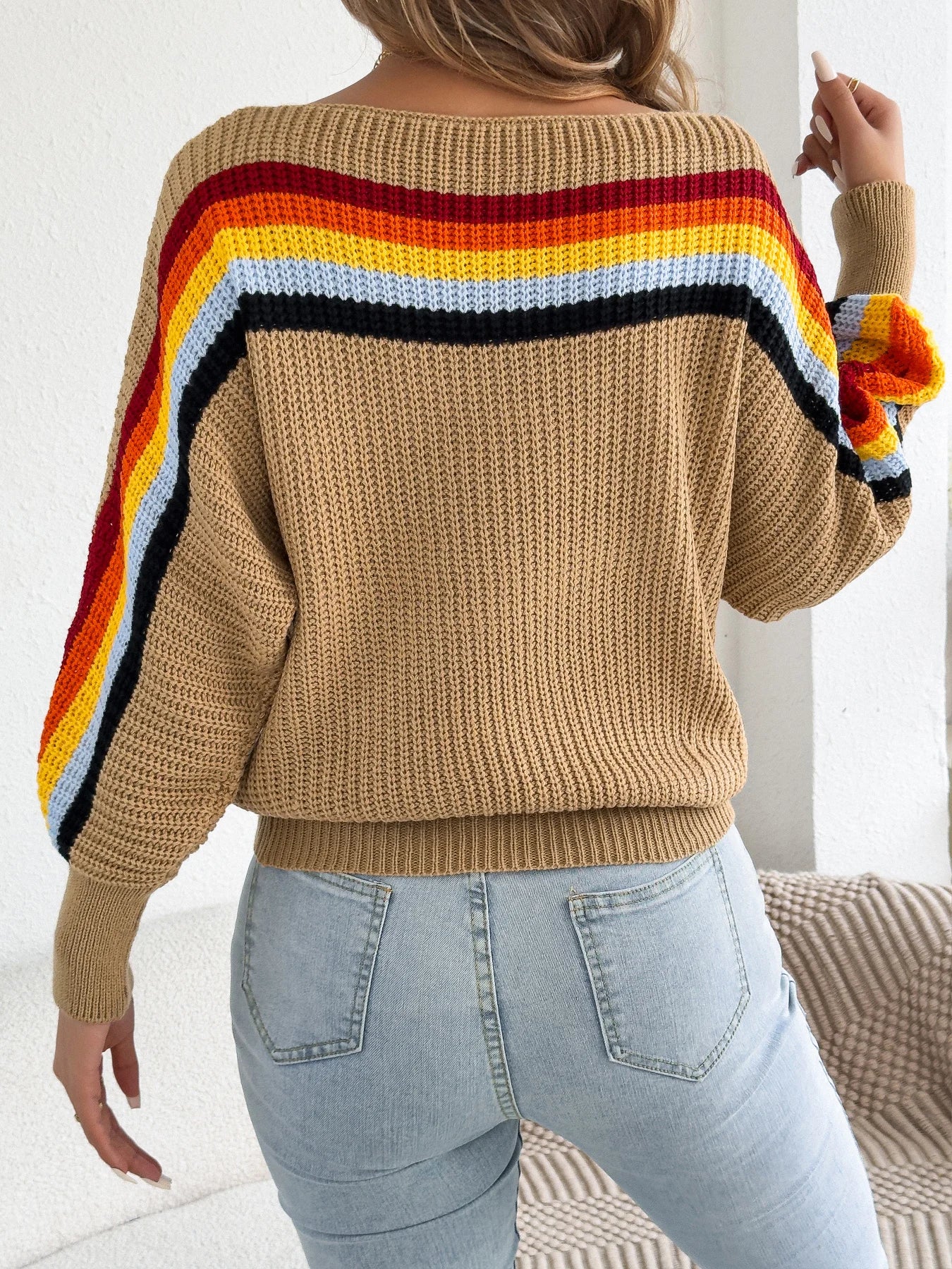 2025 Fashion Contrast Color Striped Sweaters Women Autumn Winter Casual Round Neck Lantern Long Sleeve Knitted Pullover