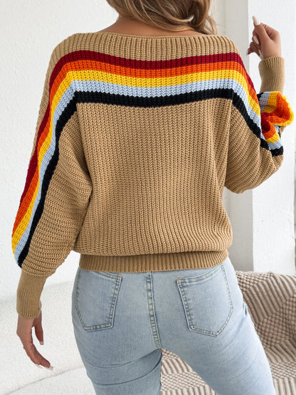 2025 Fashion Contrast Color Striped Sweaters Women Autumn Winter Casual Round Neck Lantern Long Sleeve Knitted Pullover