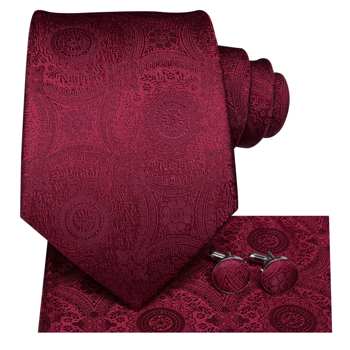 Hi-Tie Mens Gift Tie Set Red Wine Burgundy Paisley Silk Wedding Tie For Men Fashion Design Quality Hanky Cufflink Dropshipping