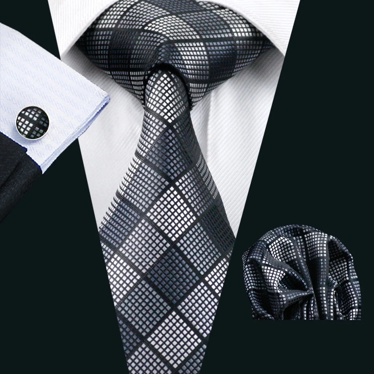 Barry.Wang Black White Gray Silver Silk Men Tie Handkerchief Cufflinks Set Jacquard Necktie for Male Wedding Business Party Gift