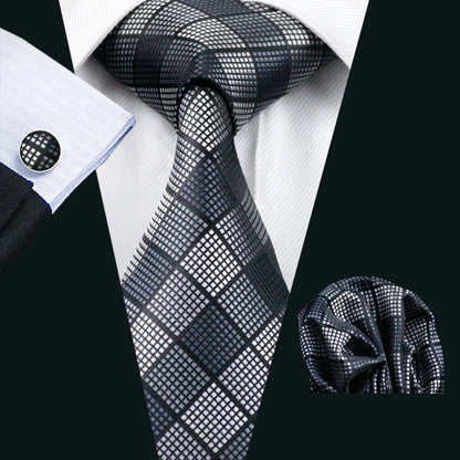 Barry.Wang Black White Gray Silver Silk Men Tie Handkerchief Cufflinks Set Jacquard Necktie for Male Wedding Business Party Gift