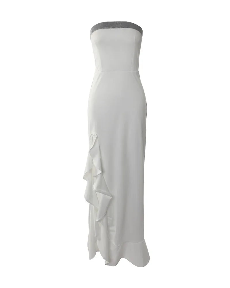 Elegant Strapless White Ruffle Dress | High Side Split, Irregular Maxi Bodycon | Sexy Night Party Look