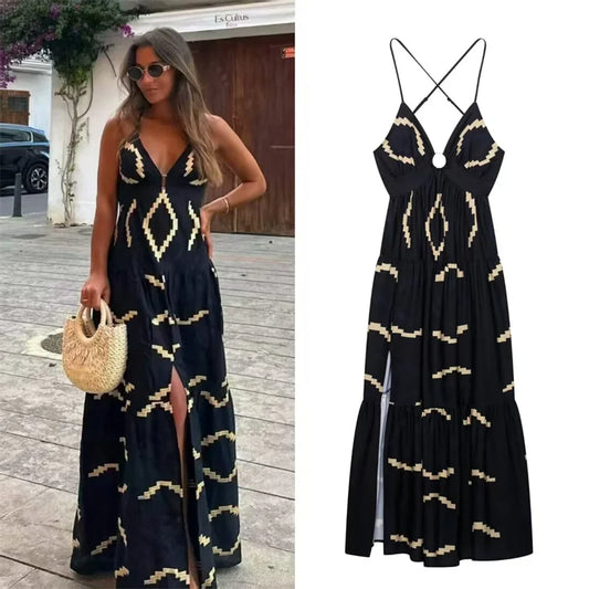 Women's Dresses New Spring 2025 Printed maxi dress Sexy suspender backless design High leg slit Beach vacation