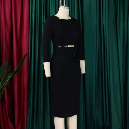 L-3XL Plus Size Elegant Midi Dress 2025 Spring Summer Women Office Lady Dress Casual 3/4 Sleeve Bandage Robe Oversize Dress