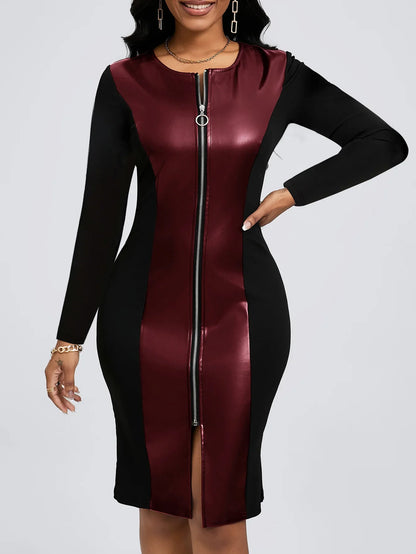 Plus Size Elegant Zipper PU Leather V-Neck Midi Long Sleeve Bodycon Dress Women's plus Size Dress Fashionable Cross-Border Gown