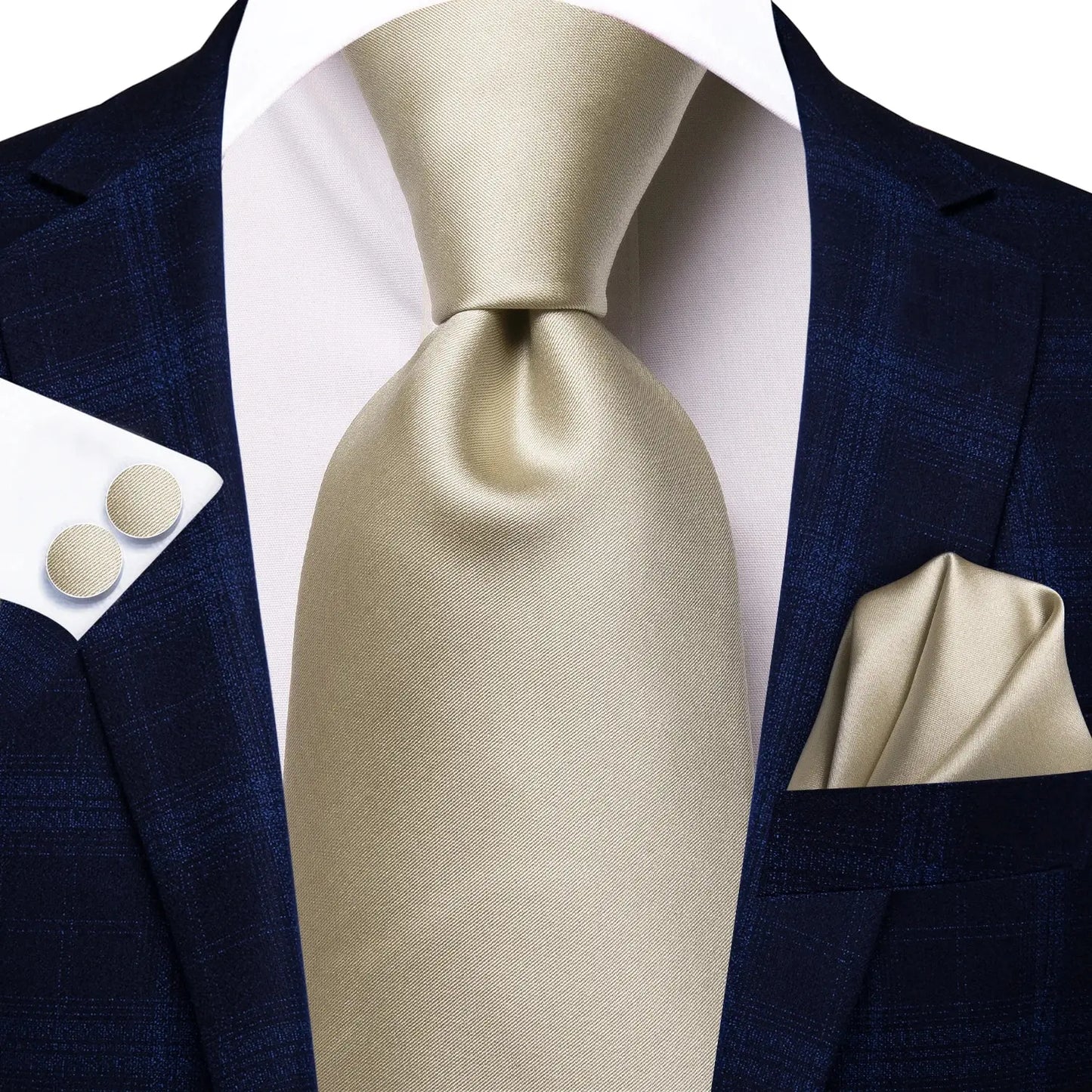 Hi-Tie Champagne Gold-color Silk Mens Elegant Ties Fashion Mens Necktie Pocket Square Cufflinks Set Business Party Wedding