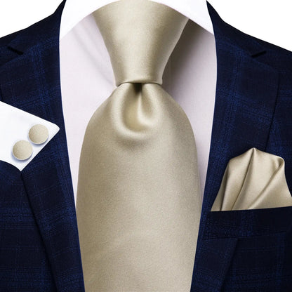 Hi-Tie Champagne Gold-color Silk Mens Elegant Ties Fashion Mens Necktie Pocket Square Cufflinks Set Business Party Wedding