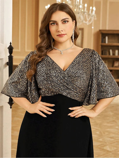 Plus Size V-neck Short Sleeve Black and Silver Sequined Mesh Floor-length Evening Dress 4XL 5XL Big Size Shiny Evening Dress