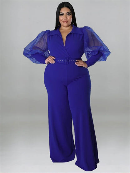 Wmstar Jumpsuit Plus Size Women Clothes V Neck with Belt Single Mesh Sleeve Elegant Bodysuit Office Lady