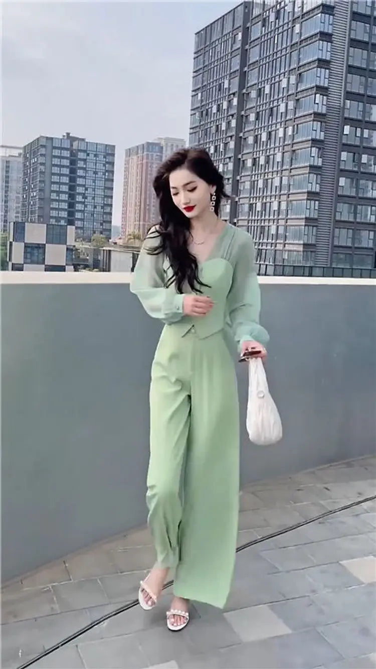 Women's Two Piece Set 2023 Spring/Summer New Casual Celebrity Top Drop Wide Leg Pants Set Women's Summer Trend