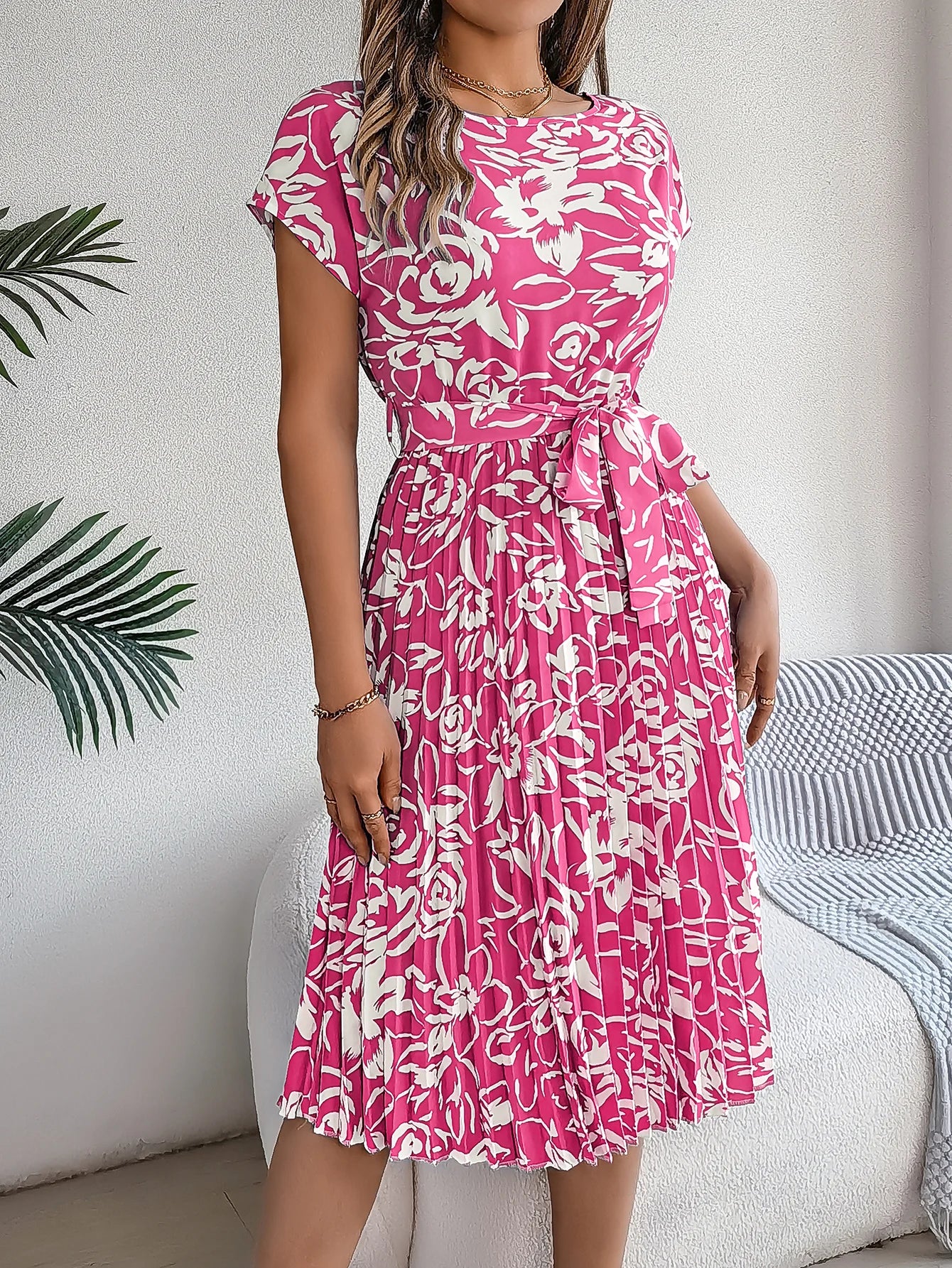 Spring Summer Elegant Flower Print Dress Short Sleeve Folded Dresses for Women Mother's Day