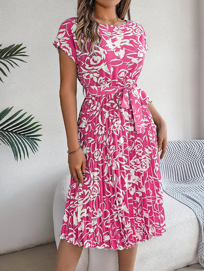 Spring Summer Elegant Flower Print Dress Short Sleeve Folded Dresses for Women Mother's Day