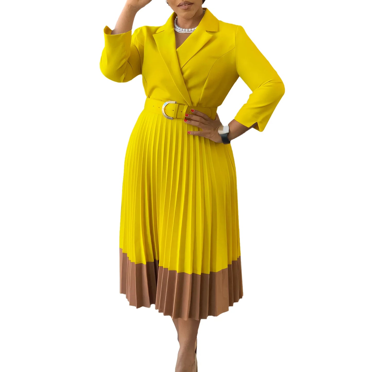 CM.YAYA Fashion Full Sleeve Notched Neck Solid High Waist Belt Dress Women Autumn Office Lady Pleated Long Africa Midi Dresses