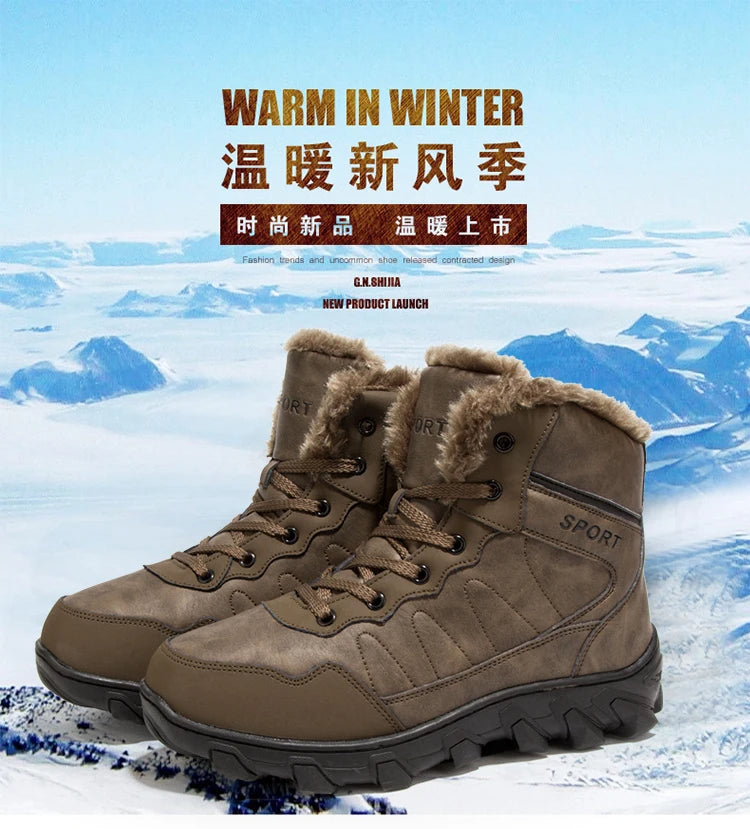 Men's Winter Snow Boots Leather Fabric Thickened Plush Shoes Extra Large Outdoor Mountaineering Anti Slip Training Shoes 39-48