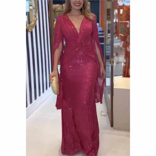 Autumn Winter Luxurious Sexy Sequins Cocktail Party Dress Prom Gown Cloak Sleeve V Neck Folds Corset Evening Floor Length Dress