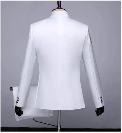 New Men Standing Collar Embroidered Suit 2 Piece Fashion Male Business Social Wedding Prom Stage Performance Dress Blazer Pant