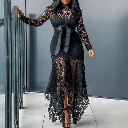 Ladies Elegant Lace Maxi Dress Women Wedding Evening Party  Bodycon Long Sleeve Dresses Plus Size Fashion