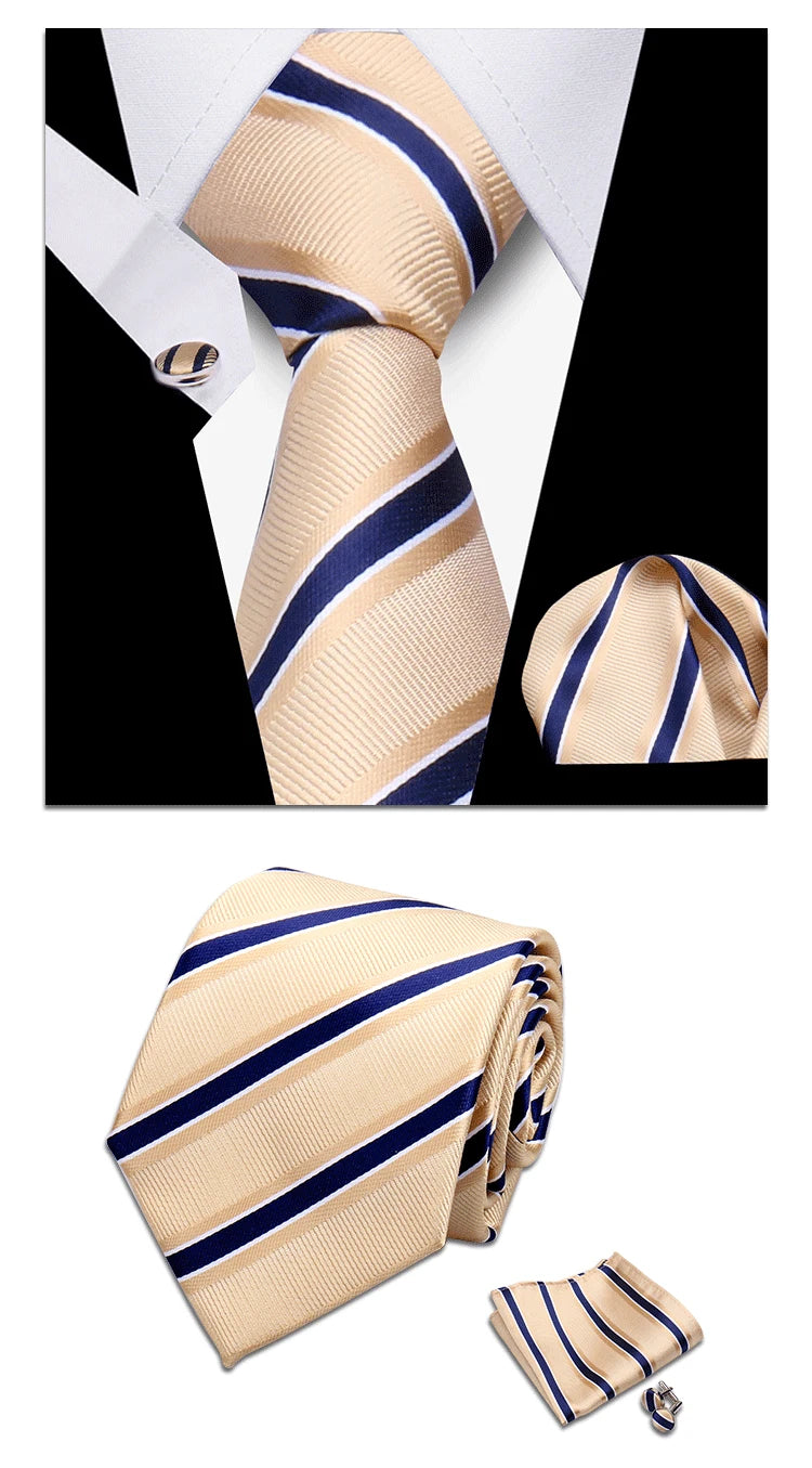 Classic Elegant Ties For Men Fashion Gifts Striped Solid Necktie Handchief Cufflink 3 Pcs Set Wedding Business Suit Accessories