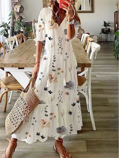New Women's Spring Summer Dress Sexy V-neck Drawstring Printed Long-sleeved Dress Casual Loose Fashion Elegant Fresh Sweet Dress