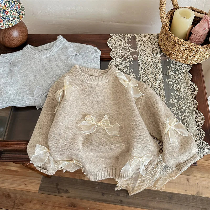 Korean Style Children Clothing Autumn New Girl Baby Toddler Solid Bow Sweaters Winter Fashion Sweet Kid Princess Knitted Sweater