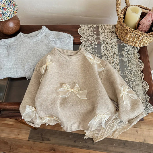Korean Style Children Clothing Autumn New Girl Baby Toddler Solid Bow Sweaters Winter Fashion Sweet Kid Princess Knitted Sweater