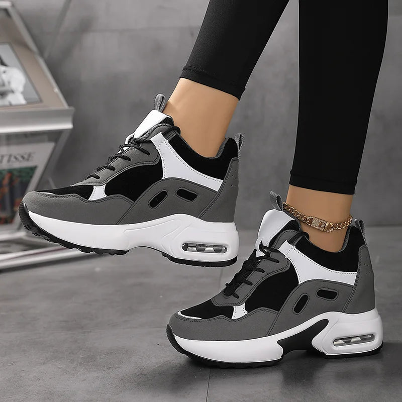 Women Air Cushion Shoes Casual Sport Sneakers Height Increase Black Grey Walking Shoes Fashion Lace-up Shoes