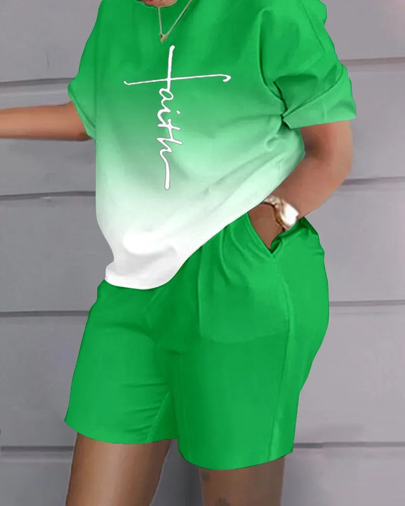 Casual Loose Short Sleeve Tshirt Shorts Set Office Lady Summer Fashion O-neck Colorful Print Two Piece Set Women Outfit 2023