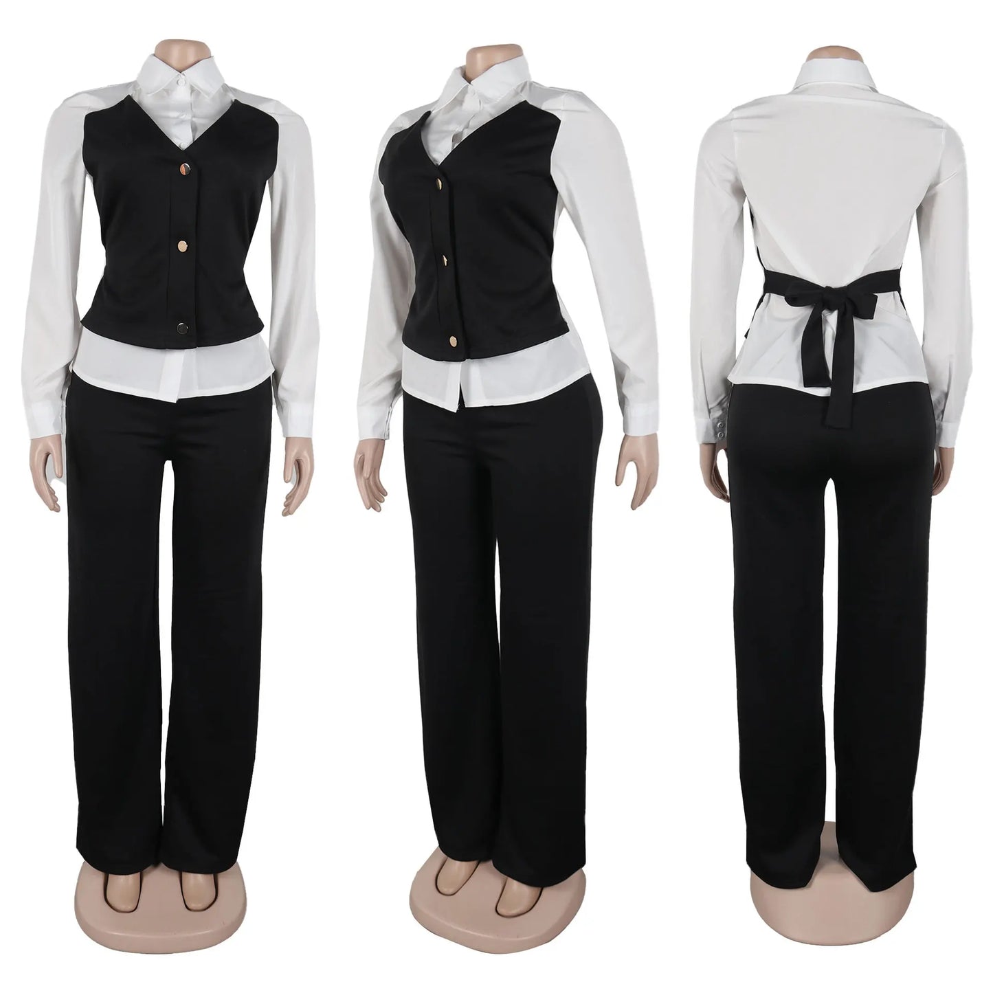 HLJ Elegant Lady Patchwork Shirts Two Piece Sets Women Lapel Long Sleeve Button Top And Pants Outfits Autumn OL 2pcs Clothing