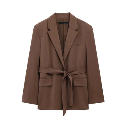 KONDALA 2026 Spring Office Lady Elegant Brown Women Suit Fashion Casual Sashes Oversized Shrug Blazer Chic Zipper Long Pant
