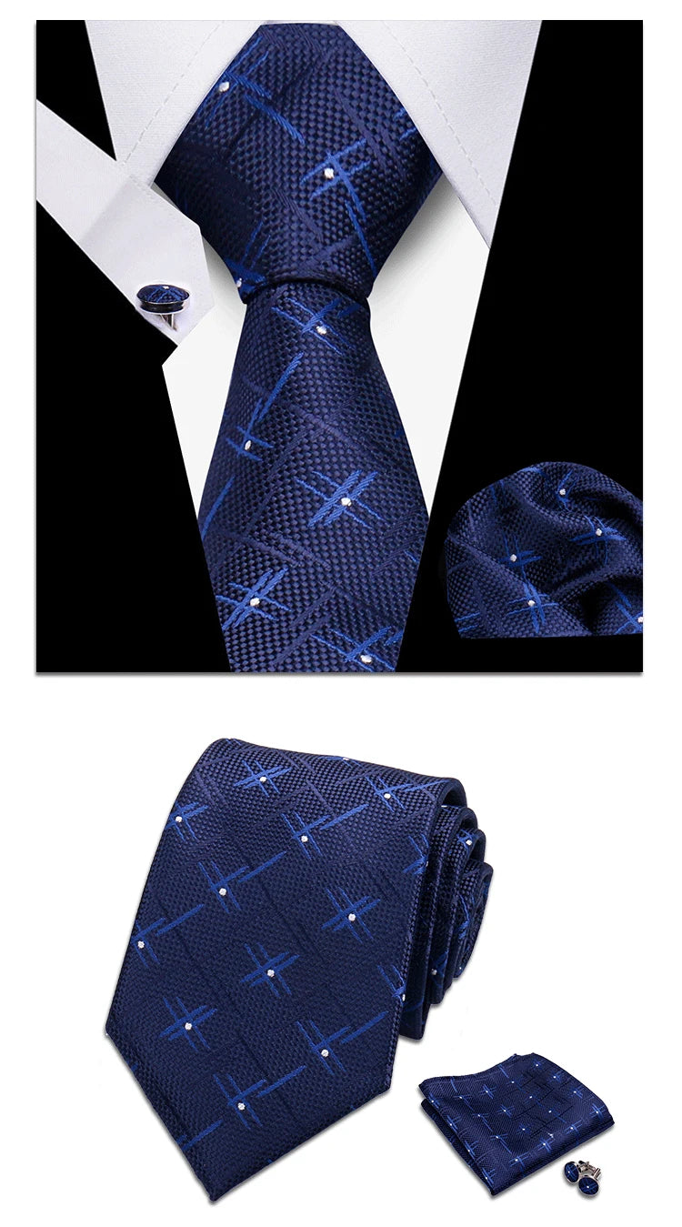 Classic Elegant Ties For Men Fashion Gifts Striped Solid Necktie Handchief Cufflink 3 Pcs Set Wedding Business Suit Accessories
