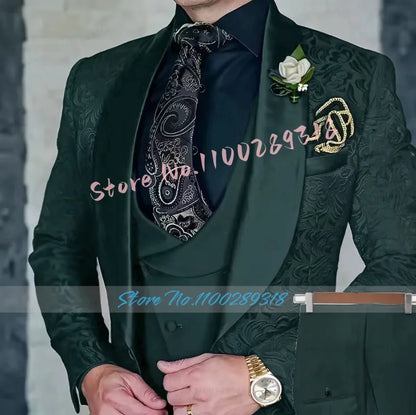 Jacquard Men's 3-piece Suit Set Formal Party Dress Groom Tuxedo High Quality Elegant Men Terno Masculino  Costume Homme Mariage