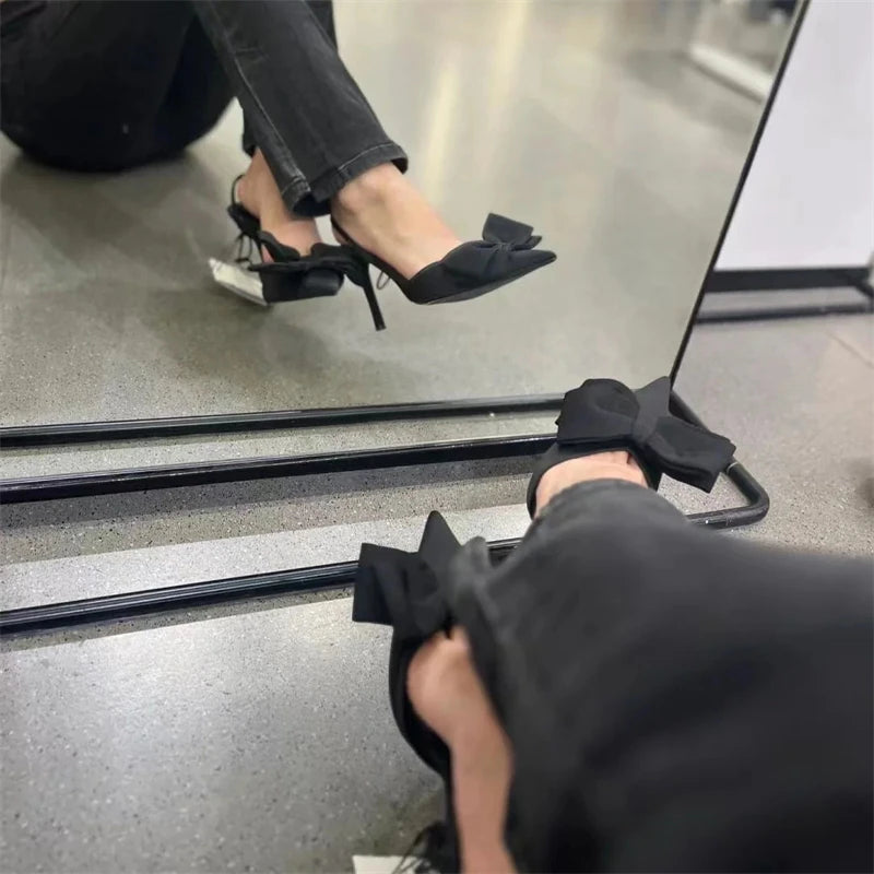 TRAF Black Big Bow Knot High Heel Stilettos New Point Head Slingbacks Pumps For Woman French Sweet Sandals Women Shoes Trend