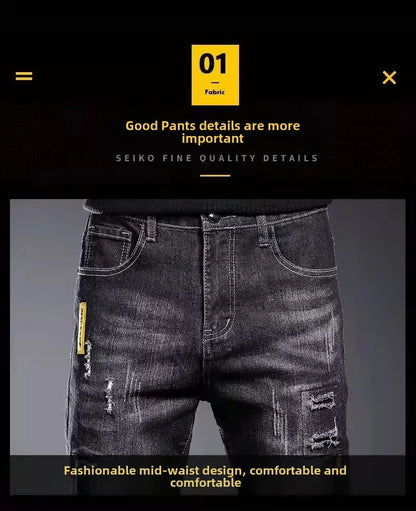 Men's Spring Autumn New Style Black Casual Jeans Korean Trendy Versatile Distressed Slims Smooths Your Silhouette Men's Trousers