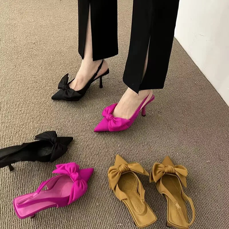 Women Shoes 2024 Summer New Butterfly Knot Women Slingbacks Heels Shoes Sexy Dress Thin Heel Pointed Toe Ladies High Heels Women