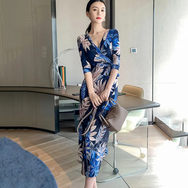 FANIECES Summer Wrap Dresses Women Sexy V Neck Split Maxi Dress Print Female Casual Beachwear Lace Up Party Vestidos Robe платье