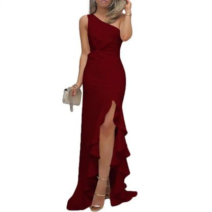 Women Sexy One Shoulder Ruffle Large Swing Slit Evening Party Dress Slim Maxi Dress Bodycon Dress Clubwear Womens dresses