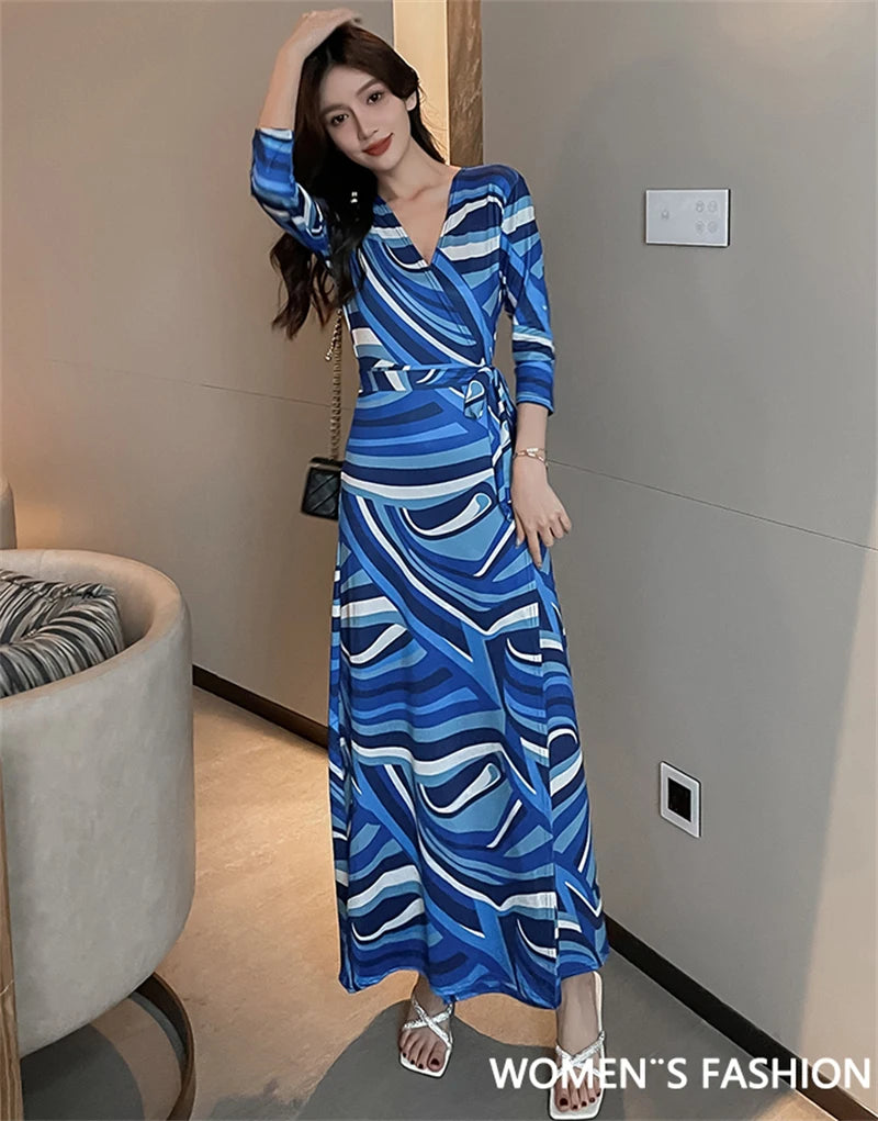 FANIECES Summer Wrap Dresses Women Sexy V Neck Split Maxi Dress Print Female Casual Beachwear Lace Up Party Vestidos Robe платье