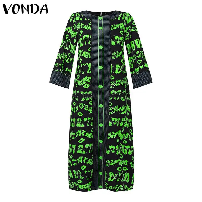 VONDA Women Printed Dress 2024 Vintage Maxi Long Dress Autumn Patchwork Sundress Fashion Elegant Party Vestidos Femme Robe Baggy