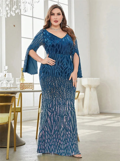 Plus Size Elegant Sequin Black Evening Dress 2025 Women Formal Maxi Prom Long Sleeves Party Luxury Cocktail Bridesmaid Gowns