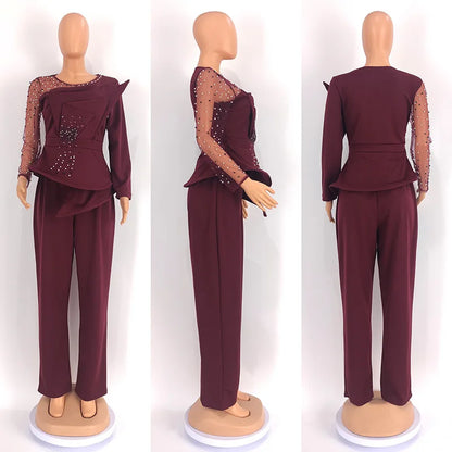 CM.YAYA Vintage Women  Beading Mesh Patchwork Ruffles Fan-shaped Blazer Tops and Pants Suit Two 2 Piece Set Outfits Tracksuit