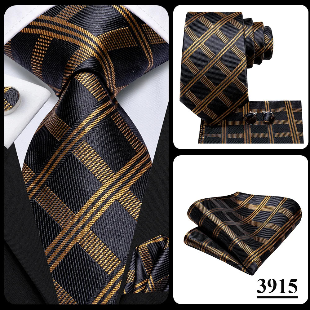 Hi-Tie Psialey Black Gold Silk Elegant Tie For Men Groom Wedding Men Necktie Pocket Square Cufflink Accessory Wholesale Designer