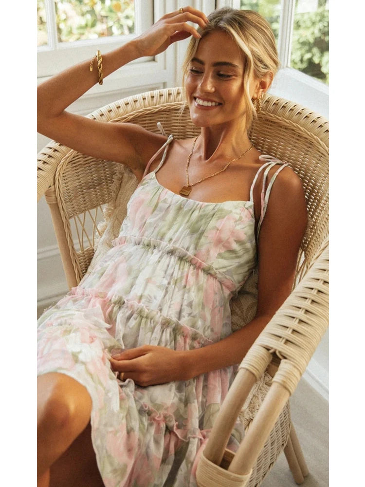 Spring Summer Print Floral Dress for Women Chiffon Strapless Sleeve Backless Ruffles Mini Dress Chic Lady Beach Vacation 2025 Fa