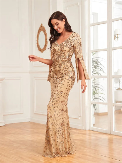 Lucyinlove Luxury Champagne Evening Dresses For Women 2025 Long Sleeve Mermaid Formal Sequins V-neck Prom Wedding Party Gowns