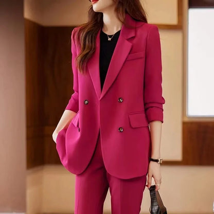 Two-Piece Suit Set in Raspberry Casual Sle for Women Long Sve Profional Pantsuit Polyester Fiber 00%