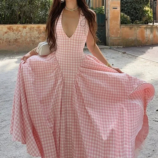 Women's Long Dress Spring Summer 2025 Elegant Hanging Neck V-neck Cinched Waist French Pink Dress Rock Damen Vestido Robe Femme