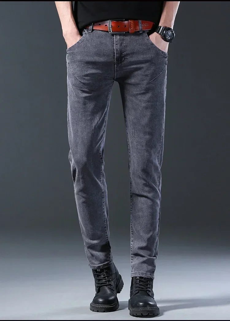 New Men's Denim Pants Slim Straight Gentleman Size 27-38 Slacks Fashion European American Style Stretch Men Luxury Jeans Grey